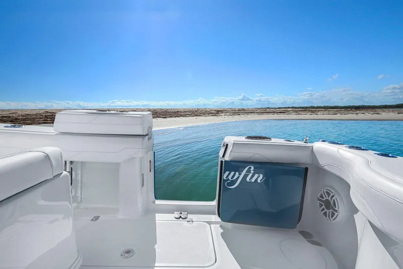 New Stock Yacht Photos Pics 2026 Yellowfin 36 Offshore boat interior with ocean view and clear blue sky.