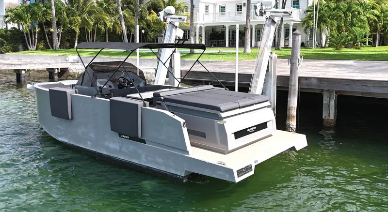  Yacht Photos Pics 2022 De Antonio Yachts D28 Open docked, showcasing sleek design and modern features.