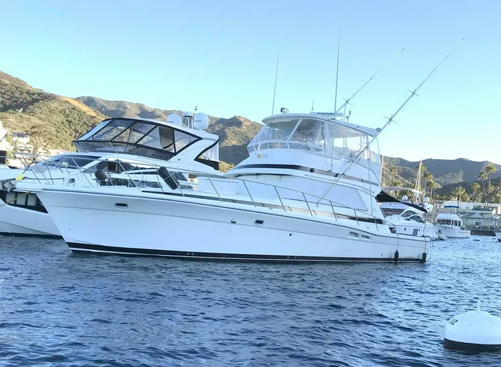 Yacht Z Yacht Photos Pics 1998 Riviera 48 Convertible yacht docked in scenic marina setting.