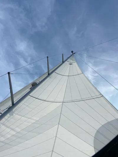 Padraigin II Yacht Photos Pics Sailing yacht Jeanneau 58, 2016 model, with sails unfurled against a clear blue sky.