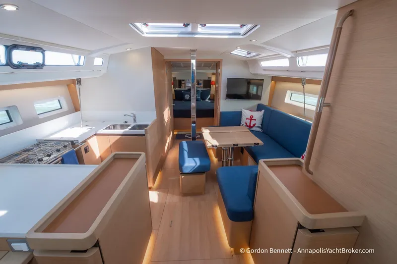 No Regrets Yacht Photos Pics Interior of 2019 Jeanneau Sun Odyssey 440 yacht with modern kitchen and seating area.