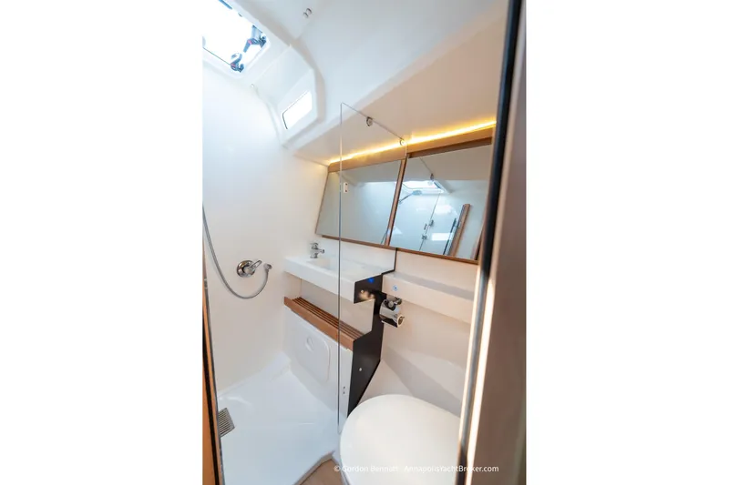No Regrets Yacht Photos Pics Modern bathroom interior of 2019 Jeanneau Sun Odyssey 440 yacht.