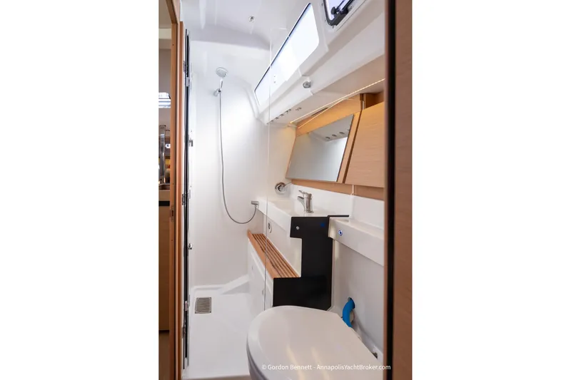 No Regrets Yacht Photos Pics Modern bathroom interior of 2019 Jeanneau Sun Odyssey 440 yacht.