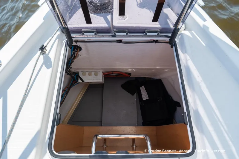 No Regrets Yacht Photos Pics Open storage compartment on 2019 Jeanneau Sun Odyssey 440 sailboat.