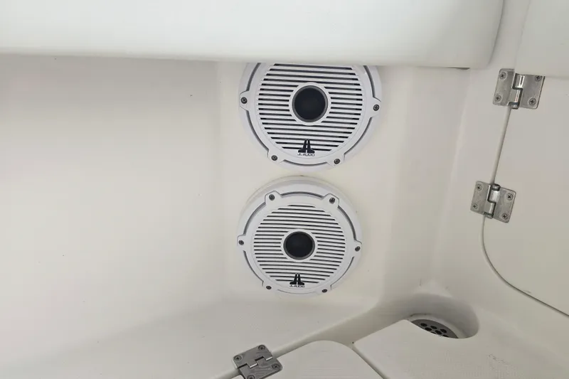 Humble Beginnings Yacht Photos Pics Speakers on 2022 Invincible 33 Catamaran, white interior detail.