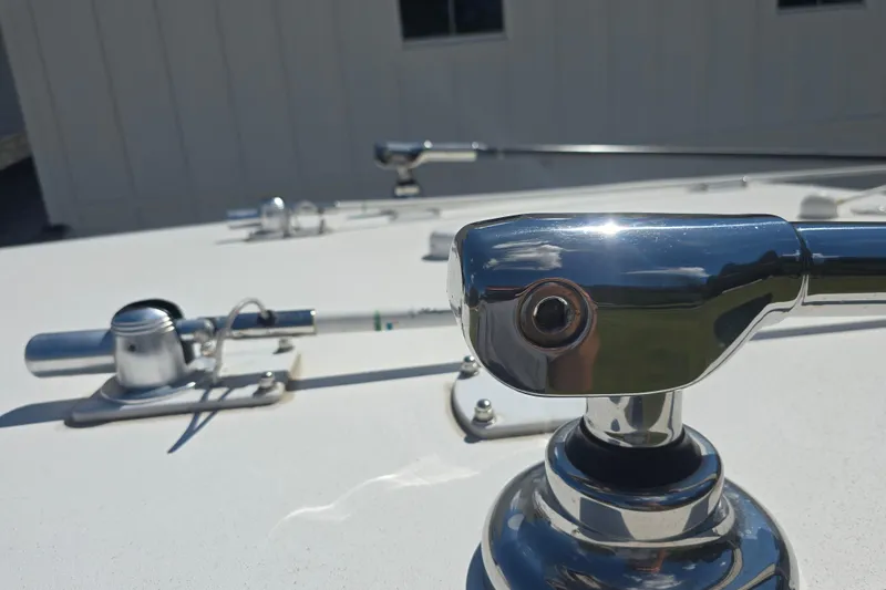 Humble Beginnings Yacht Photos Pics Close-up of chrome fittings on a 2022 Invincible 33 Catamaran deck.
