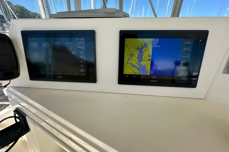  Yacht Photos Pics Dual Garmin displays on a 1989 Viking 48 yacht dashboard.