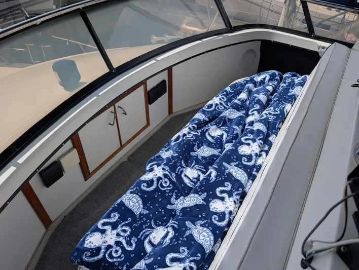 Infinity Bound Yacht Photos Pics 1991 Carver 430 Cockpit Motor Yacht interior with octopus-patterned blanket.