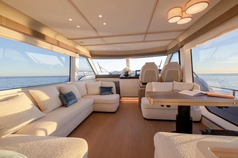  Yacht Photos Pics Luxurious interior of 2025 Azimut Magellano 60 yacht with panoramic ocean views.