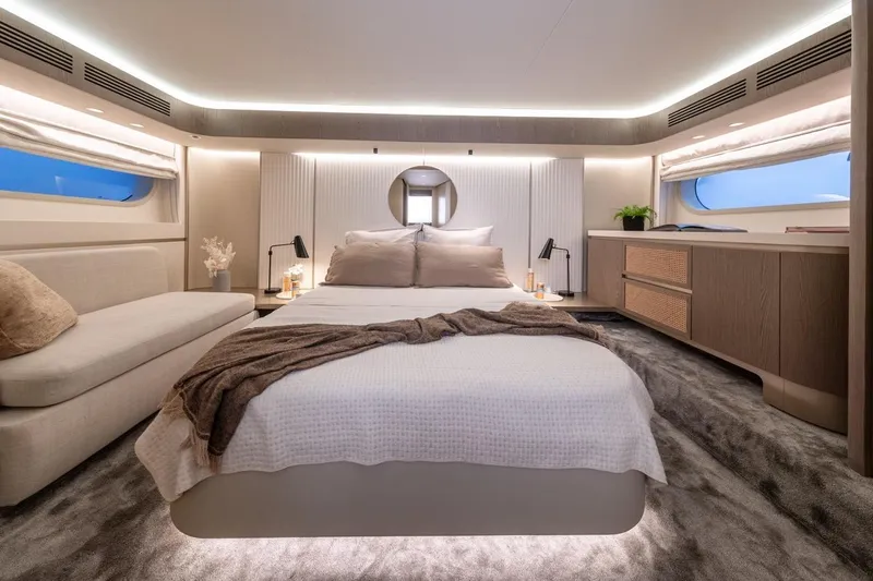  Yacht Photos Pics Luxurious bedroom in Azimut Magellano 60 yacht, model year 2025.