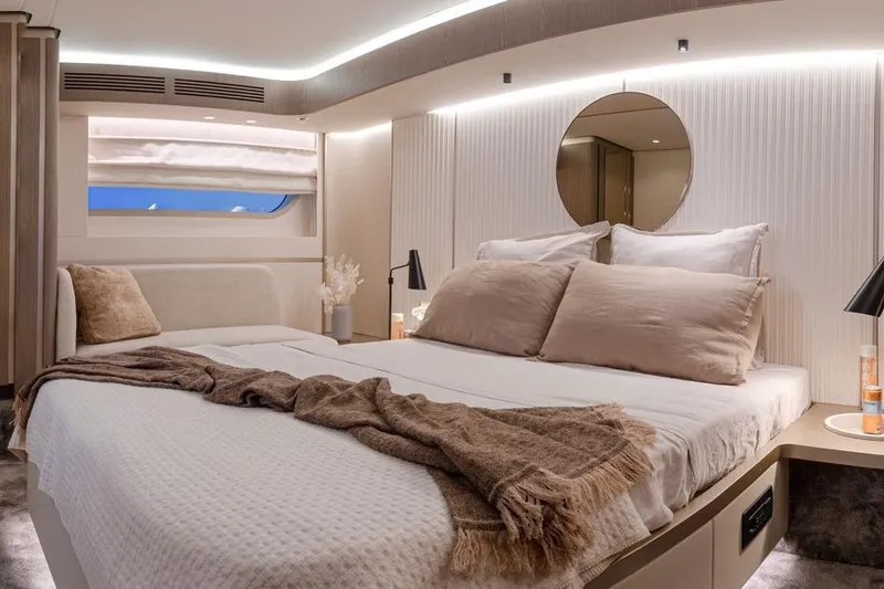  Yacht Photos Pics Luxurious bedroom on the Azimut Magellano 60 yacht, year 2025.