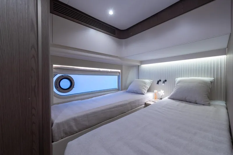  Yacht Photos Pics Interior of Azimut Magellano 60 yacht, 2025, featuring twin beds.