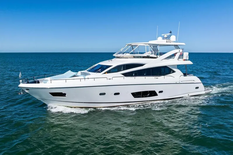 It's Enough Yacht Photos Pics Luxurious 2013 Sunseeker Manhattan 73 yacht cruising on open sea.