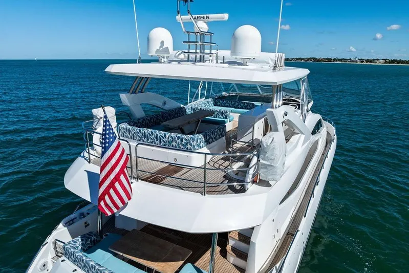 It's Enough Yacht Photos Pics Luxurious 2013 Sunseeker Manhattan 73 yacht cruising on open sea, featuring spacious deck.