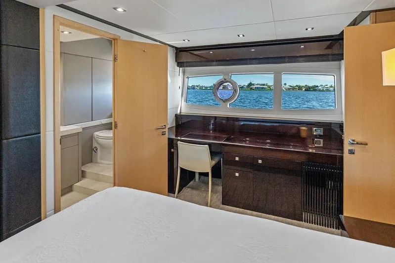 It's Enough Yacht Photos Pics Luxurious interior of 2013 Sunseeker Manhattan 73 yacht with ocean view and modern amenities.
