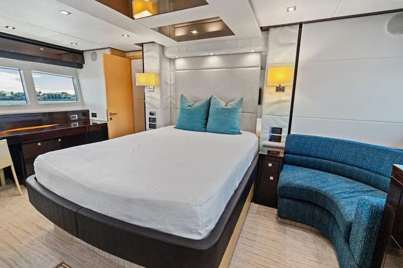 It's Enough Yacht Photos Pics Luxurious bedroom interior of 2013 Sunseeker Manhattan 73 yacht with modern furnishings.