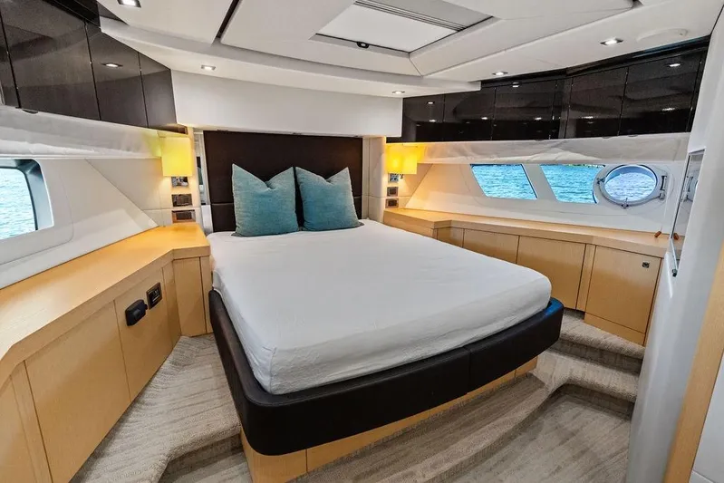 It's Enough Yacht Photos Pics Luxurious bedroom interior of 2013 Sunseeker Manhattan 73 yacht with modern design.