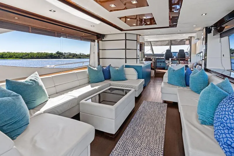 It's Enough Yacht Photos Pics Luxurious interior of 2013 Sunseeker Manhattan 73 yacht with elegant seating and scenic views.