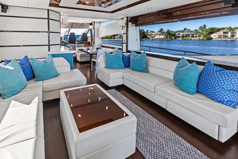 It's Enough Yacht Photos Pics Luxurious interior of 2013 Sunseeker Manhattan 73 yacht with elegant seating and waterfront view.