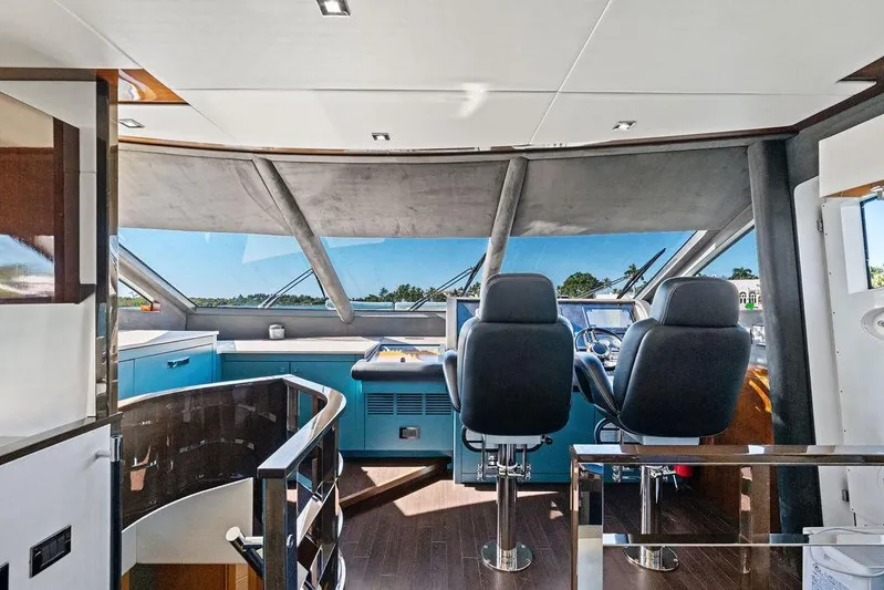 It's Enough Yacht Photos Pics Luxurious interior of 2013 Sunseeker Manhattan 73 yacht with modern helm and seating.