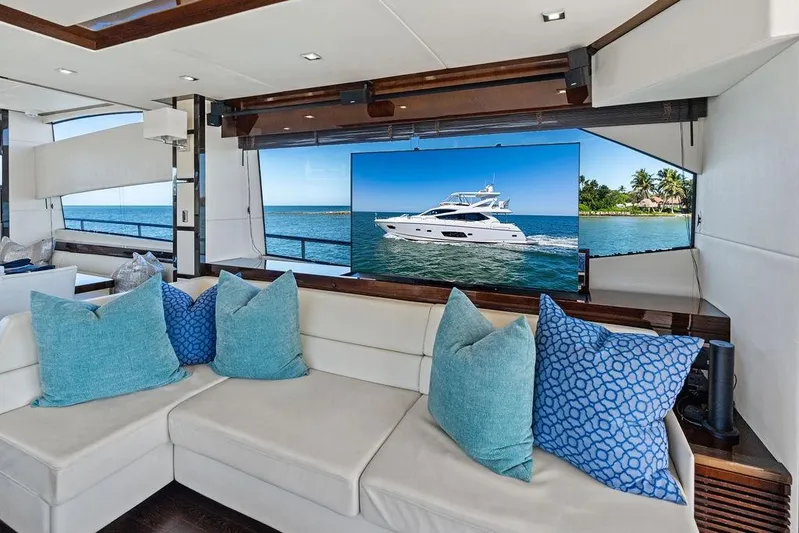 It's Enough Yacht Photos Pics Luxurious interior of 2013 Sunseeker Manhattan 73 yacht with ocean view and plush seating.