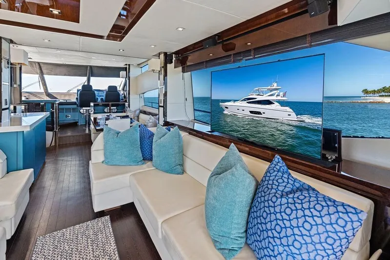 It's Enough Yacht Photos Pics Luxurious interior of 2013 Sunseeker Manhattan 73 yacht with plush seating and ocean view.