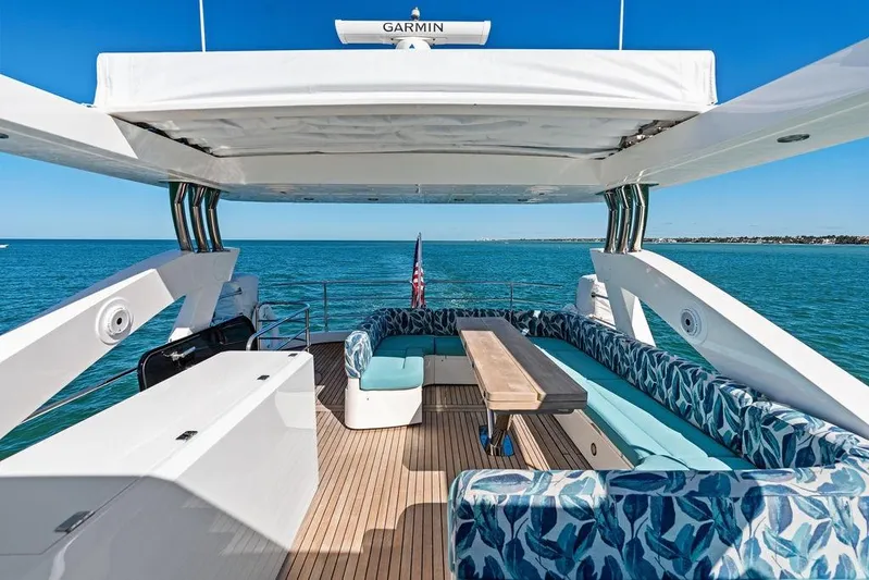 It's Enough Yacht Photos Pics Luxurious Sunseeker Manhattan 73 yacht deck with ocean view, featuring elegant seating and table.
