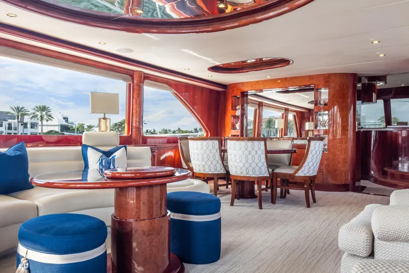  Yacht Photos Pics Luxurious interior of 2005 Ocean Alexander 80 Motoryacht with elegant seating and wood finishes.