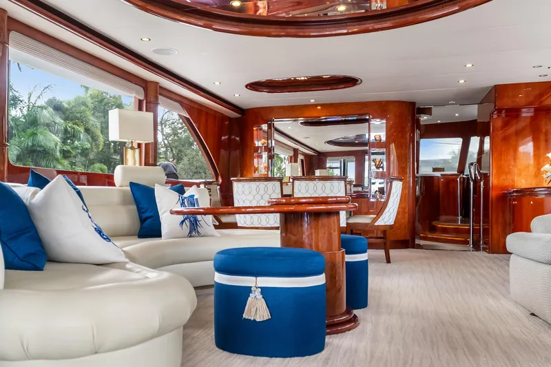  Yacht Photos Pics Luxurious interior of 2005 Ocean Alexander 80 Motoryacht with elegant seating and wood finishes.