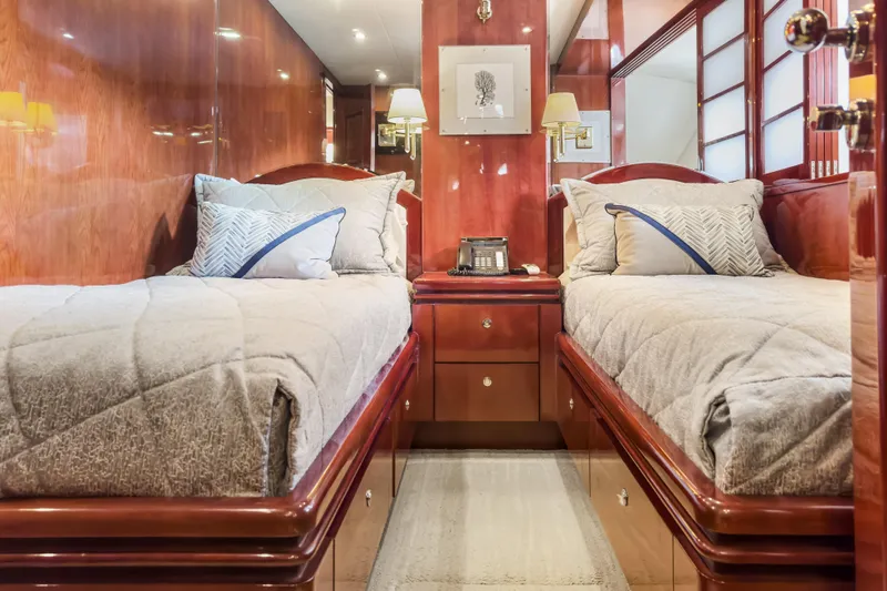  Yacht Photos Pics Luxurious twin cabin in 2005 Ocean Alexander 80 Motoryacht with elegant wood finish.
