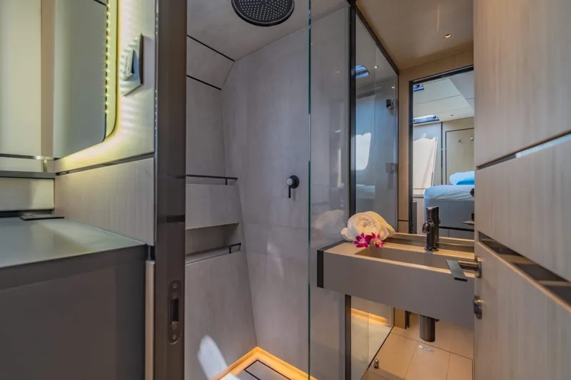 Jack Yacht Photos Pics Luxurious 2023 McConaghy MC75 yacht bathroom with modern design and elegant fixtures.