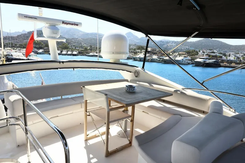  Yacht Photos Pics Flybridge view of 2012 Sunseeker Manhattan 63 yacht in a scenic marina.