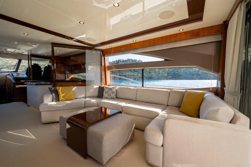 My Lady Yacht Photos Pics Luxurious interior of 2014 Princess 72 Flybridge Motor Yacht with elegant seating and scenic views.