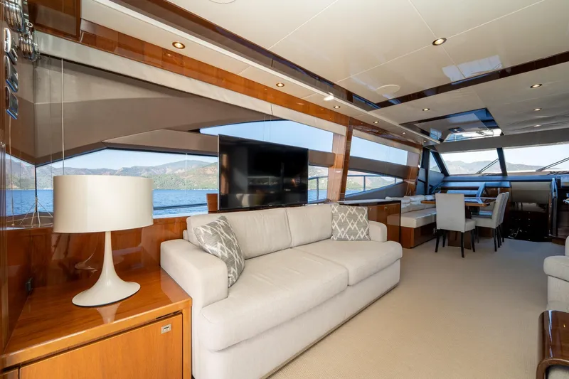 My Lady Yacht Photos Pics Luxurious interior of 2014 Princess 72 Flybridge Motor Yacht with elegant seating and scenic views.