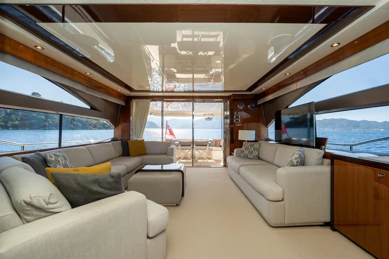 My Lady Yacht Photos Pics Luxurious interior of 2014 Princess 72 Flybridge Motor Yacht with panoramic ocean views.