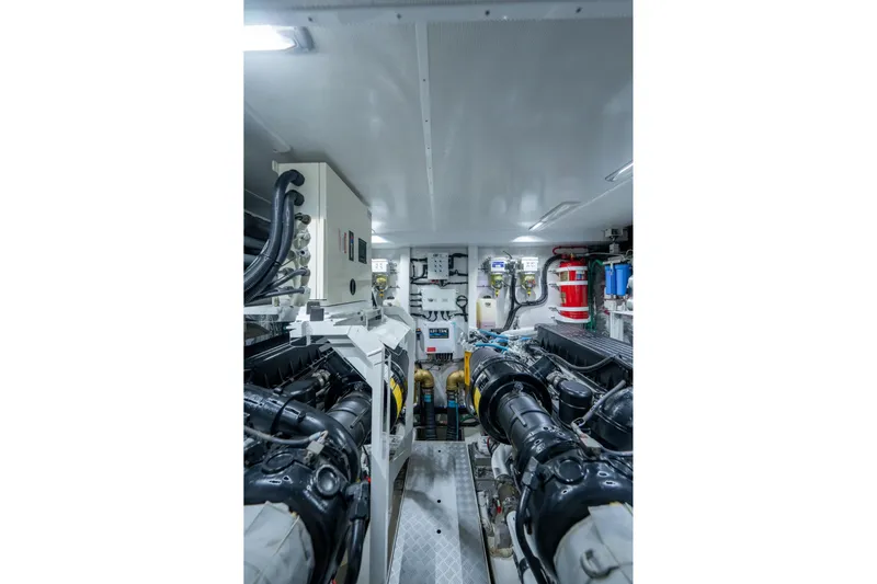 My Lady Yacht Photos Pics Engine room of 2014 Princess 72 Flybridge Motor Yacht, showcasing machinery and equipment.