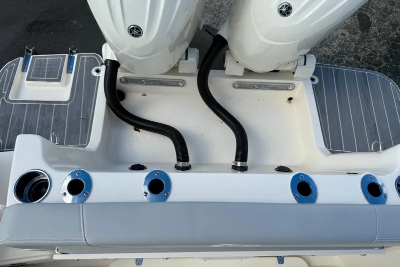  Yacht Photos Pics 2026 Scout 255 Dorado boat stern with dual engines and rod holders.