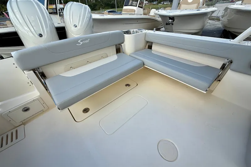  Yacht Photos Pics 2026 Scout 255 Dorado boat interior with dual seating and outboard motors.
