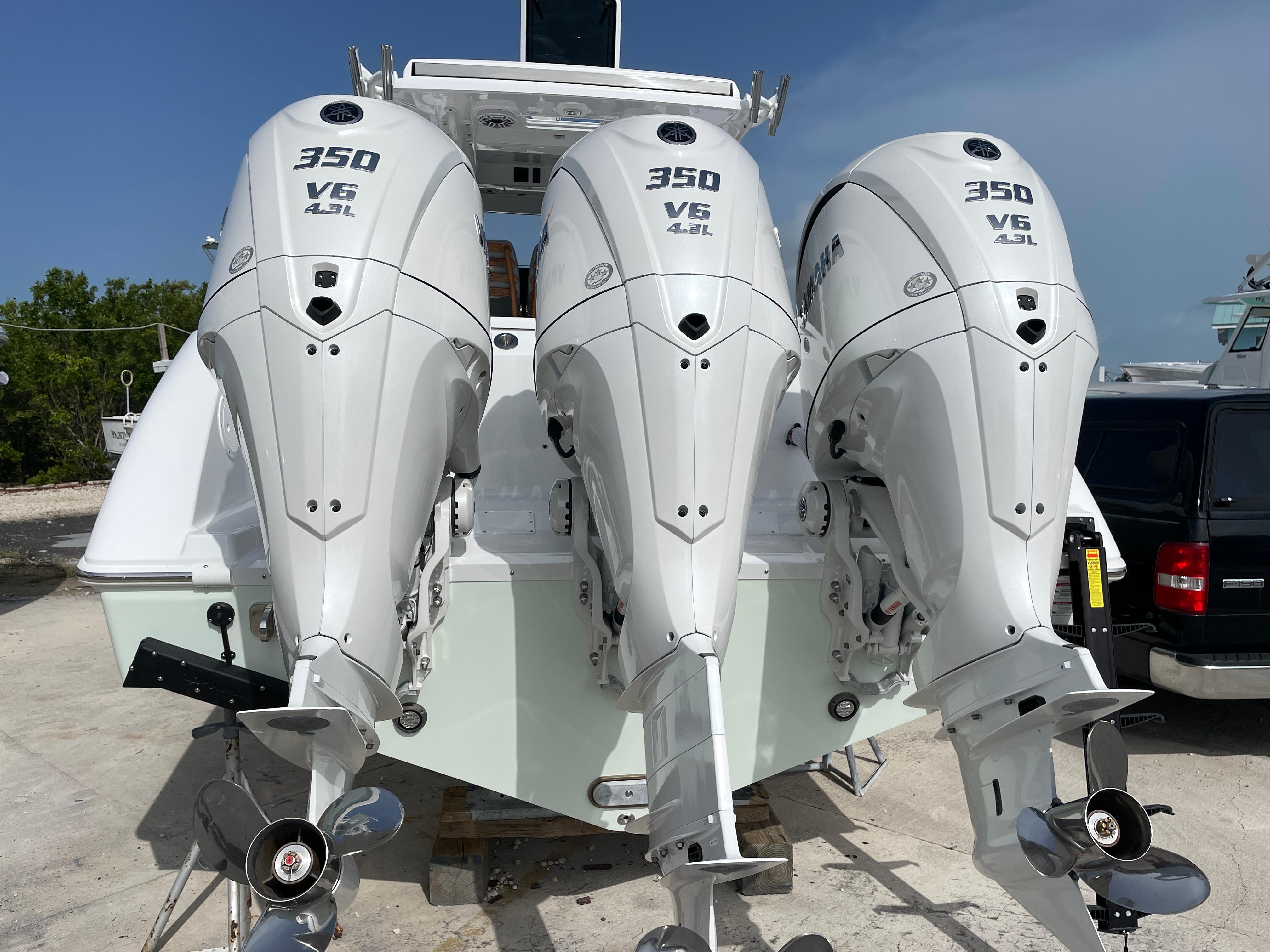 Triple 350 V6 outboard engines on a 2026 Everglades 375cc boat.
