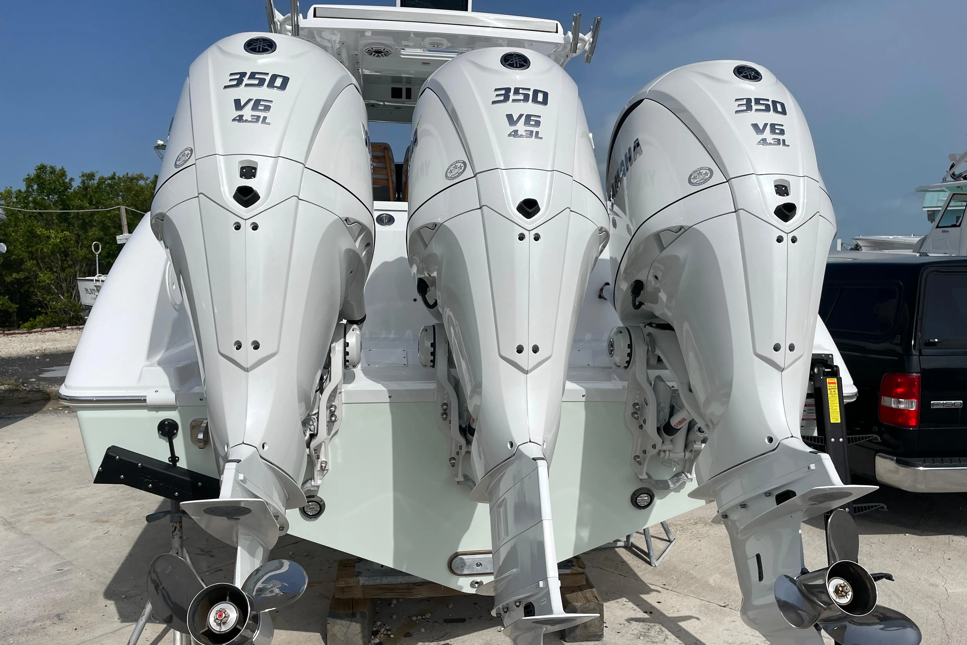 Triple 350 V6 outboard engines on a 2026 Everglades 375cc boat.
