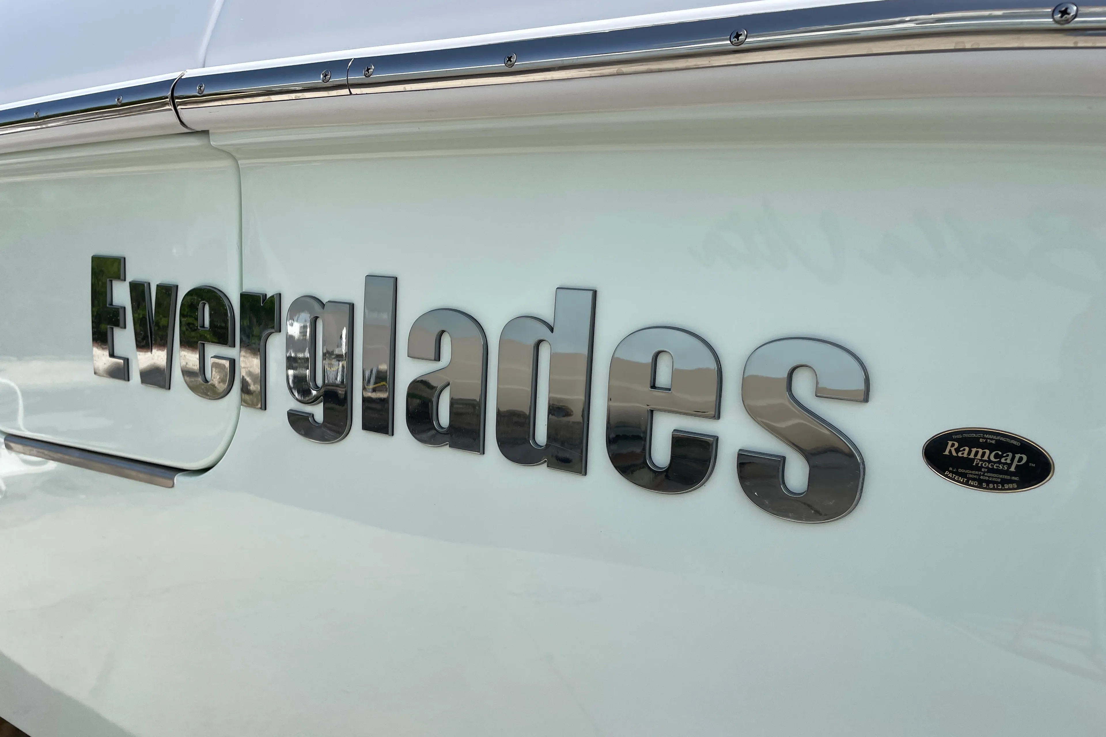 Everglades 375cc 2026 boat with Ramcap Process emblem on white hull.
