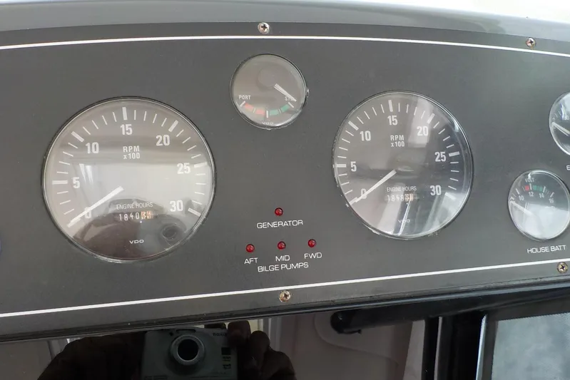 "sapphire" Yacht Photos Pics Dashboard of a 2001 Tiara Yachts 3800 Open, featuring RPM and engine hour gauges.