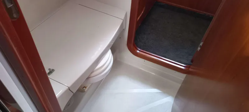 Zarafet Yacht Photos Pics Interior of a 1995 Prout 45 yacht showing a compact bathroom space.