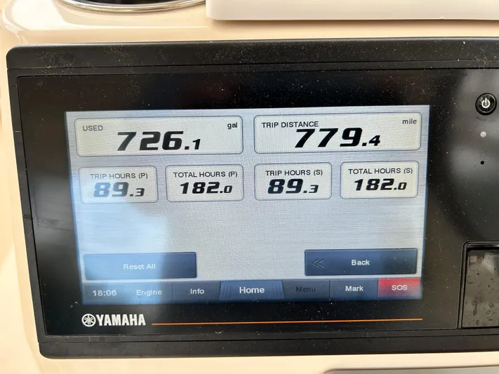  Yacht Photos Pics Yamaha display showing fuel usage and trip data on a 2018 Grady-White Freedom 325 boat.