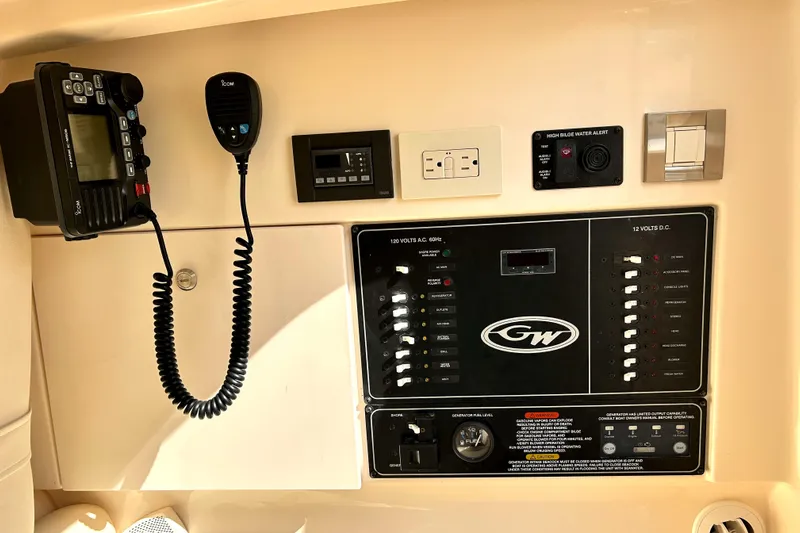  Yacht Photos Pics Control panel of 2018 Grady-White Freedom 325 boat with communication and electrical systems.