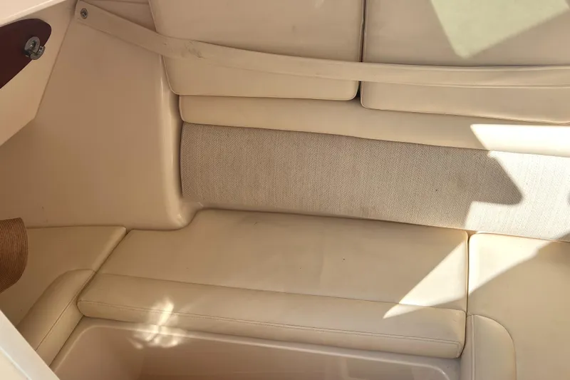  Yacht Photos Pics 2018 Grady-White Freedom 325 interior seating with beige upholstery and sunlight.