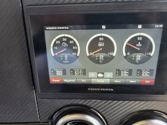  Yacht Photos Pics Volvo Penta engine display on Absolute NAVETTA 58, 2017 model, showing RPM and temperature gauges.