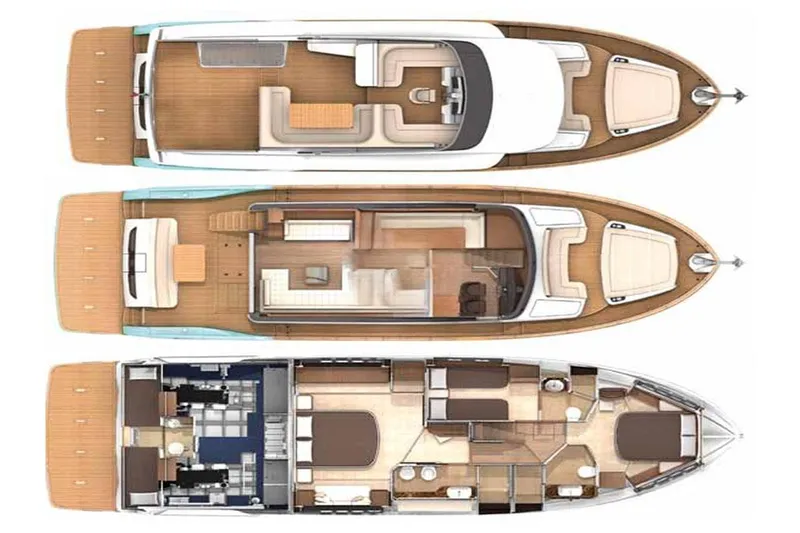  Yacht Photos Pics Floor plan of 2017 Absolute NAVETTA 58 yacht, showcasing three detailed deck layouts.