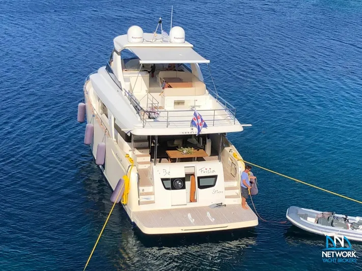  Yacht Photos Pics 2017 Absolute NAVETTA 58 yacht anchored in clear blue water, rear view.