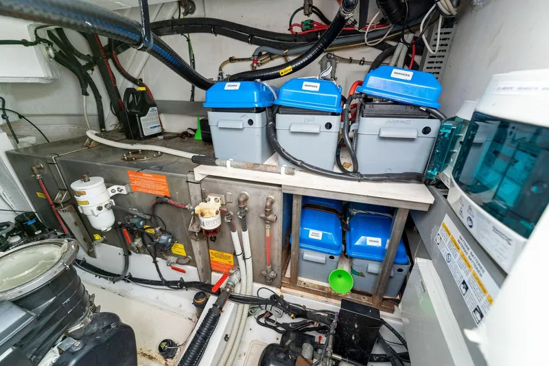 Ice II Yacht Photos Pics Engine room of a 2017 Azimut Atlantis 43 yacht with batteries and equipment.